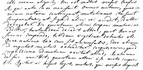 Страница из письма М. В. Ломоносова к Л. Эйлеру от 5 июня 1748 с формулировкой на латинском языке всеобщего принципа сохранения материи и движения.